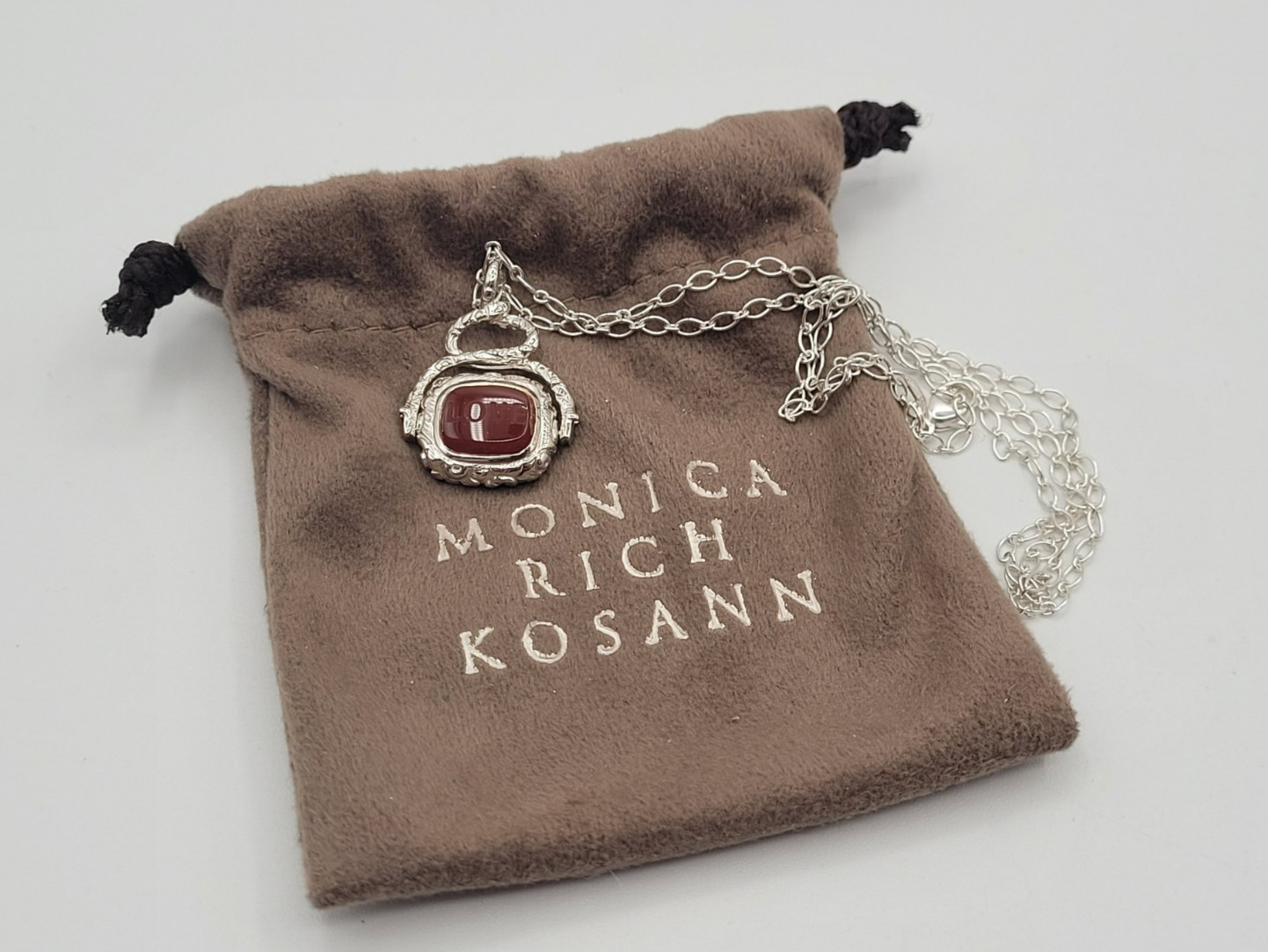 Authentic Monica Rich Kosann Sterling Engravable Carnelian Love Pendant Chain