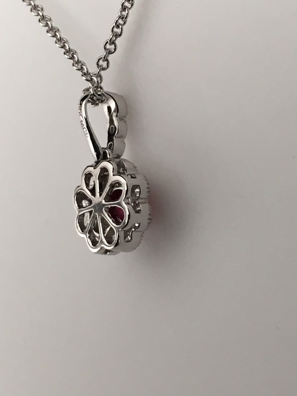 18K White Gold Cherry Red Ruby and 0.20ct Diamond Pendant with Chain Brand New