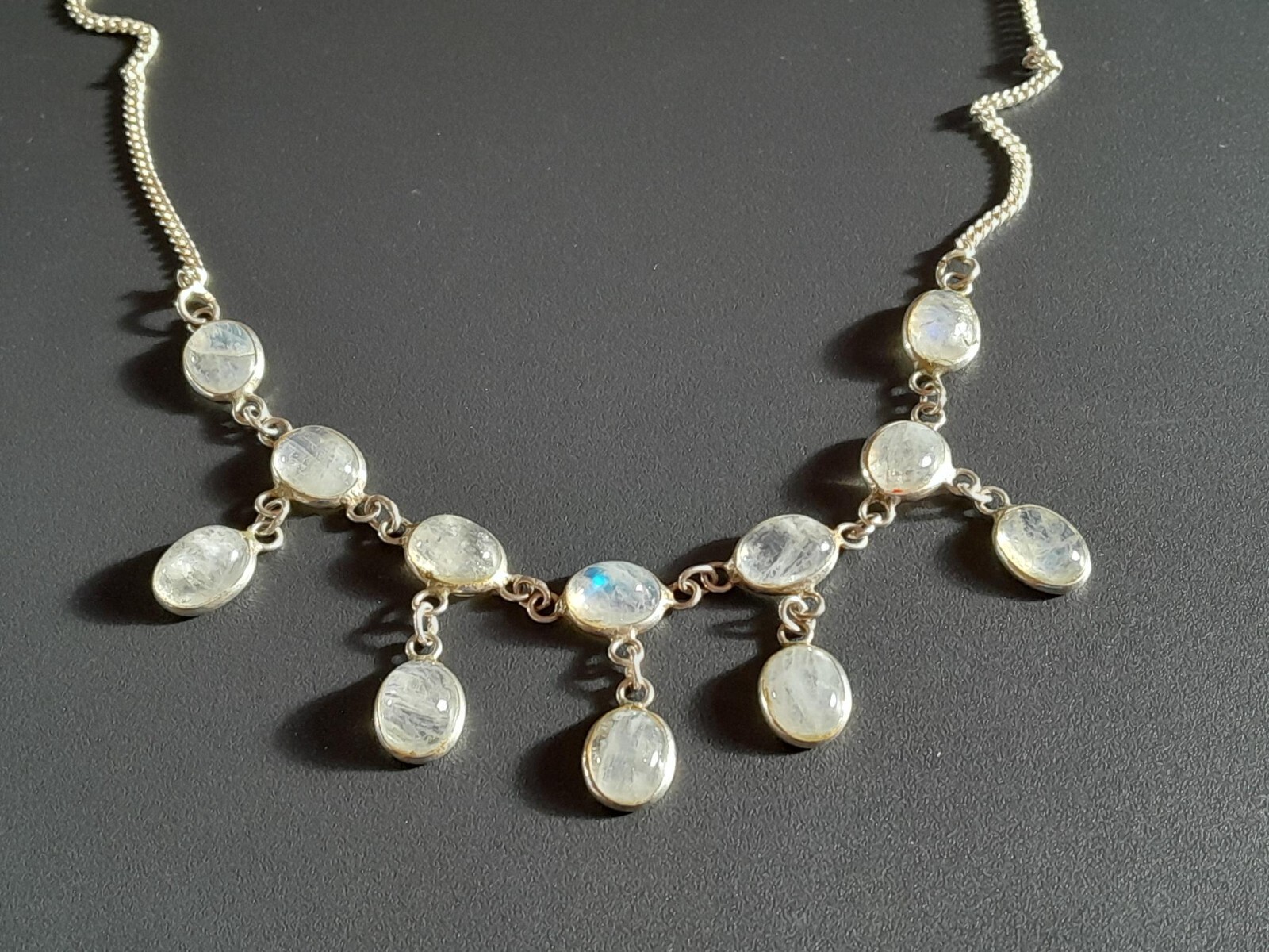 ANTIQUE 1910 STERLING SHEPHERD’S HOOK CEYLON MOON STONE NECKLACE HUES OF BLUE