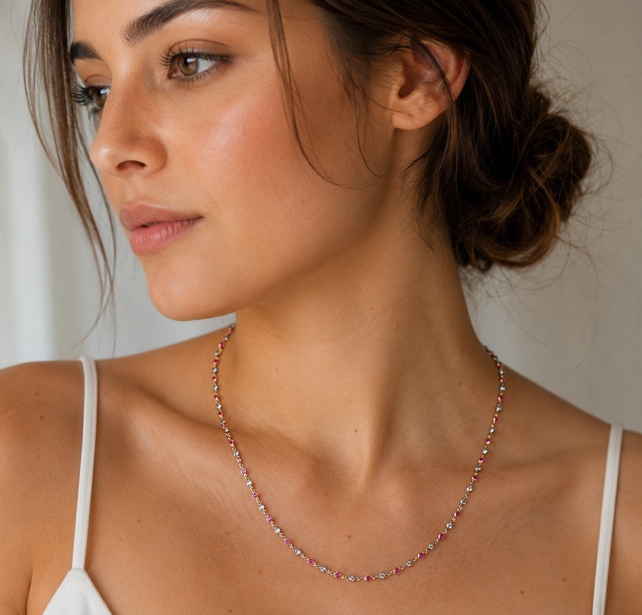 18K Gold Diamond Pink Sapphire Diamond By The Yard Necklace 1.70ct D. 2.25ct S.