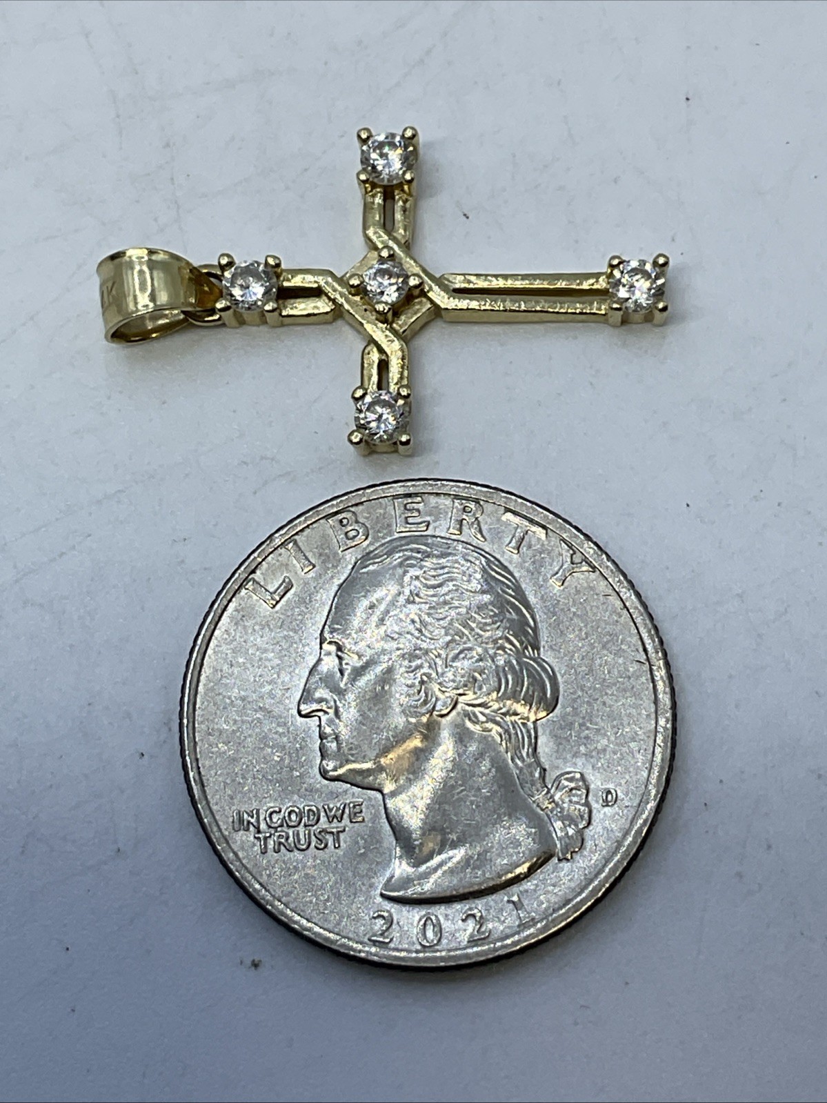 CROSS Charm Pendant (30mm x 17mm) Solid 13K Yellow Gold White CZ HANDMADE 2gr.