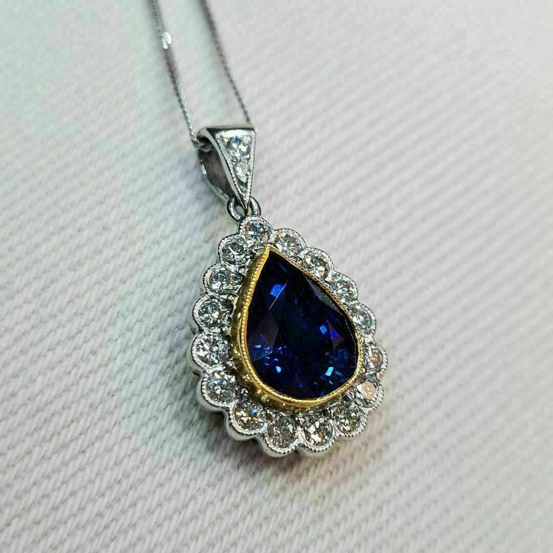 2.60Ct Pear Cut Blue Sapphire Teardrop Pendant 14K Two Tone Gold Over Free Chain
