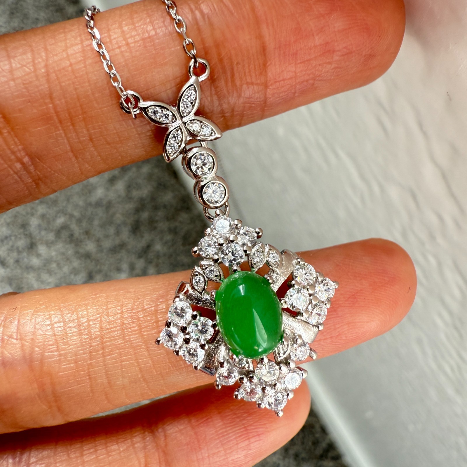 925 Sterling Silver Necklace 8x6mm Natural Emerald Gemstone Zircon Flower Chain