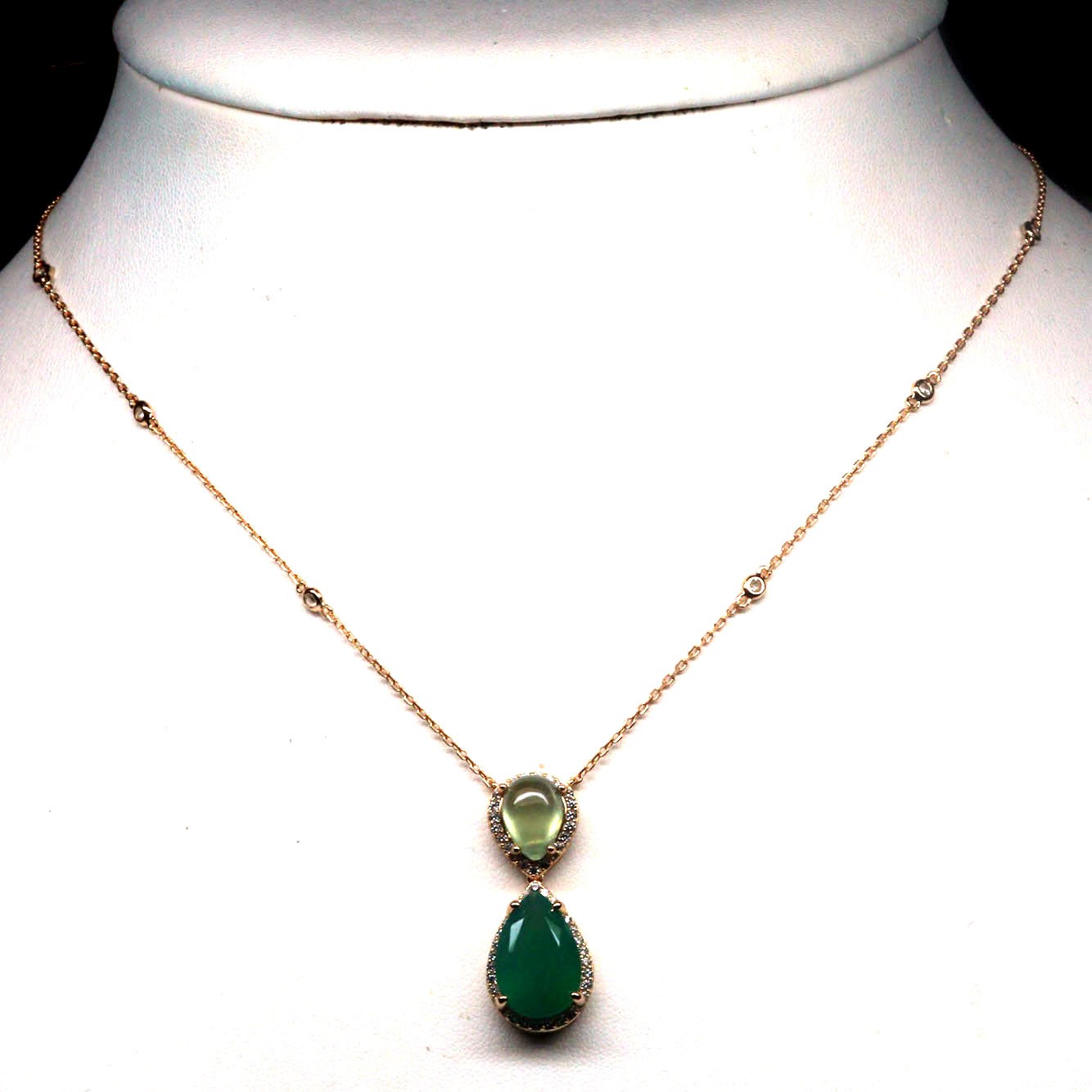 925 Silver 10 x 15 mm. Green Agate, Prehnite & Cubic Zirconia Necklace 19 in