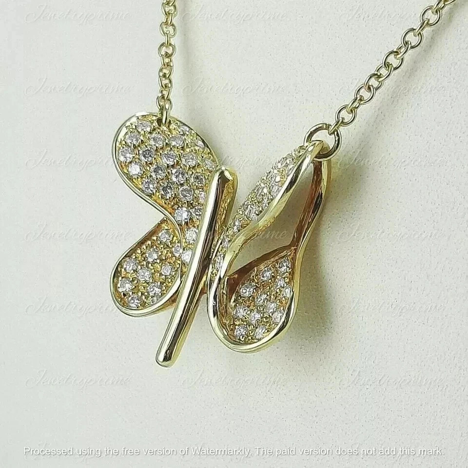 1.1Ct Round Cut lab created Diamond Butterfly Pendant Chain Yellow Gold Plated