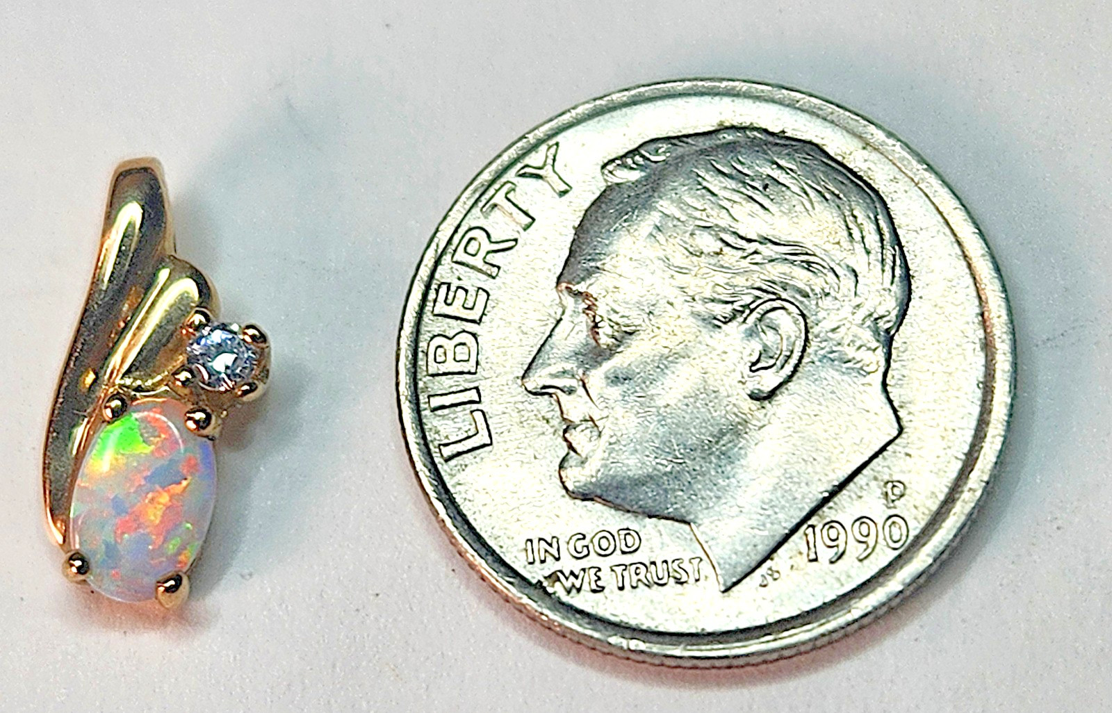 Petite 10k Yellow Gold Oval White Opal Pendant in Prong Setting Charm Pendant