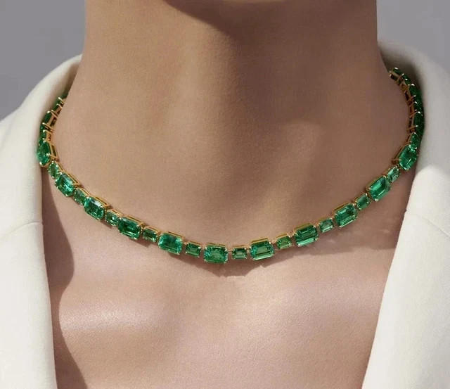 18 CT Lab Created Green Emerald Bridal Tennis Necklace 14k Yellow Gold Plated