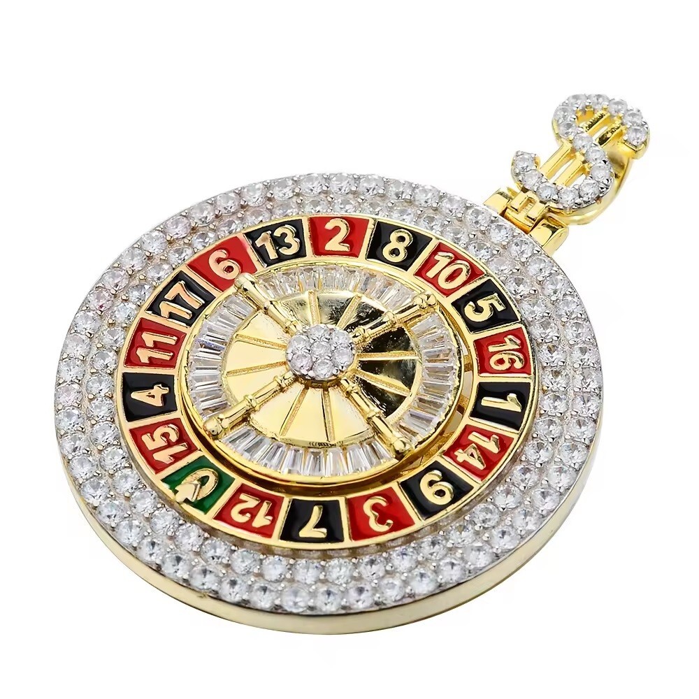 Casino Enamel Spin Charm 14K Gold Plated MOISSANITE Diamond 925 Silver Pendant