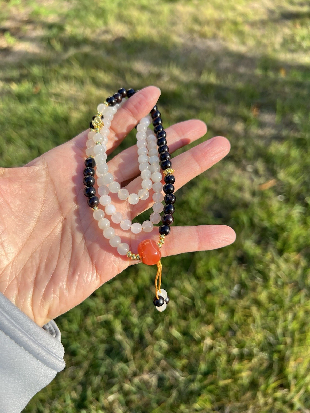 22″ Nephrite Jade+Wood+Agate 6mm Bead Necklace B608