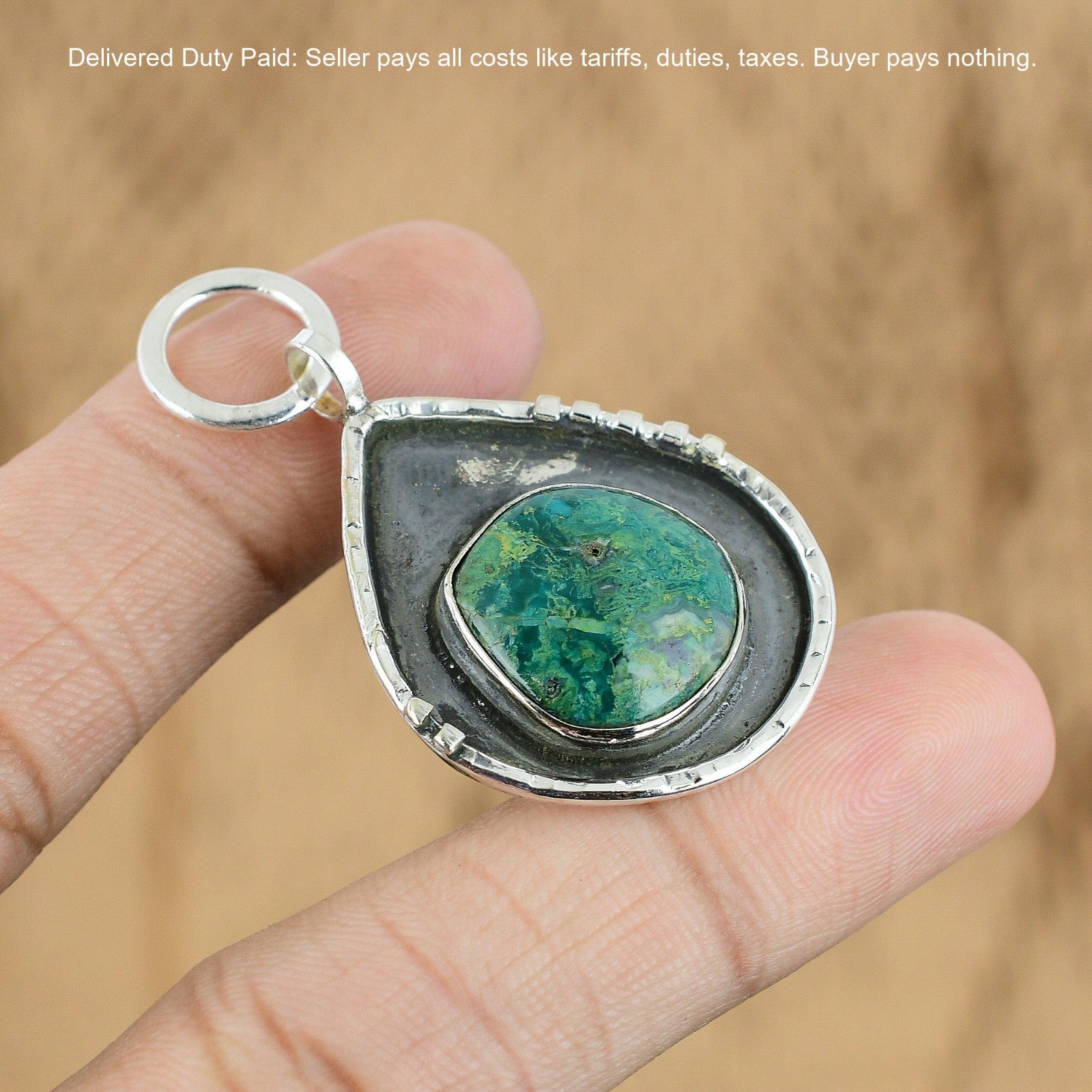 925 Sterling Silver Oval Chrysocolla Gemstone Throat Chakra Boho Pendant Jewelry