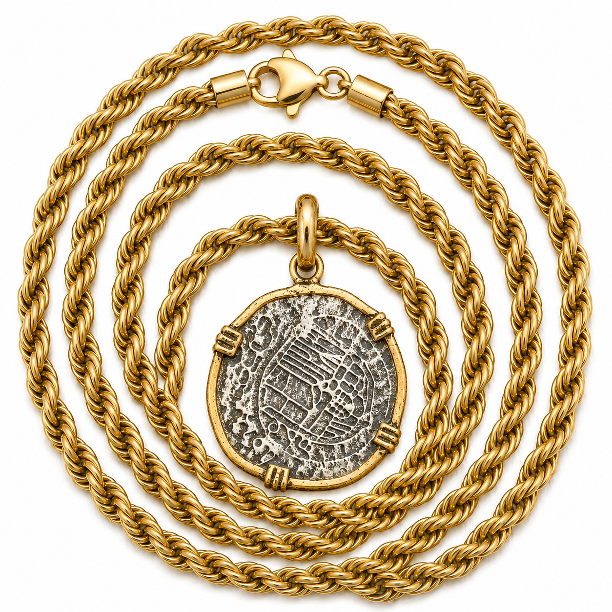 ATOCHA Coin Pendant Necklace Stainless Steel Replica w/ Gold Plated Rope Chain