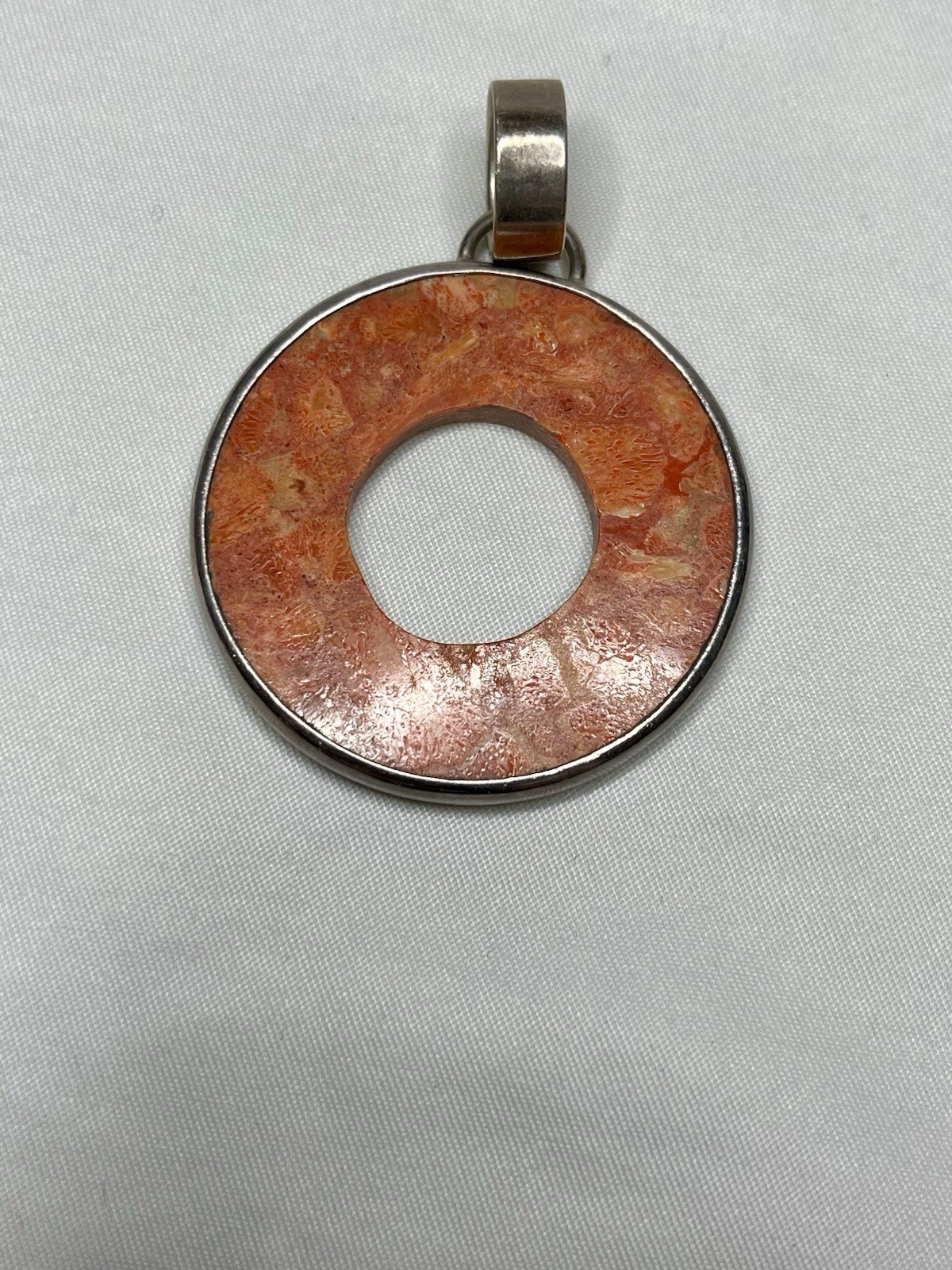 Silpada N1564 Retired Sterling Silver Orange Sponge Coral Disc Pendant 925