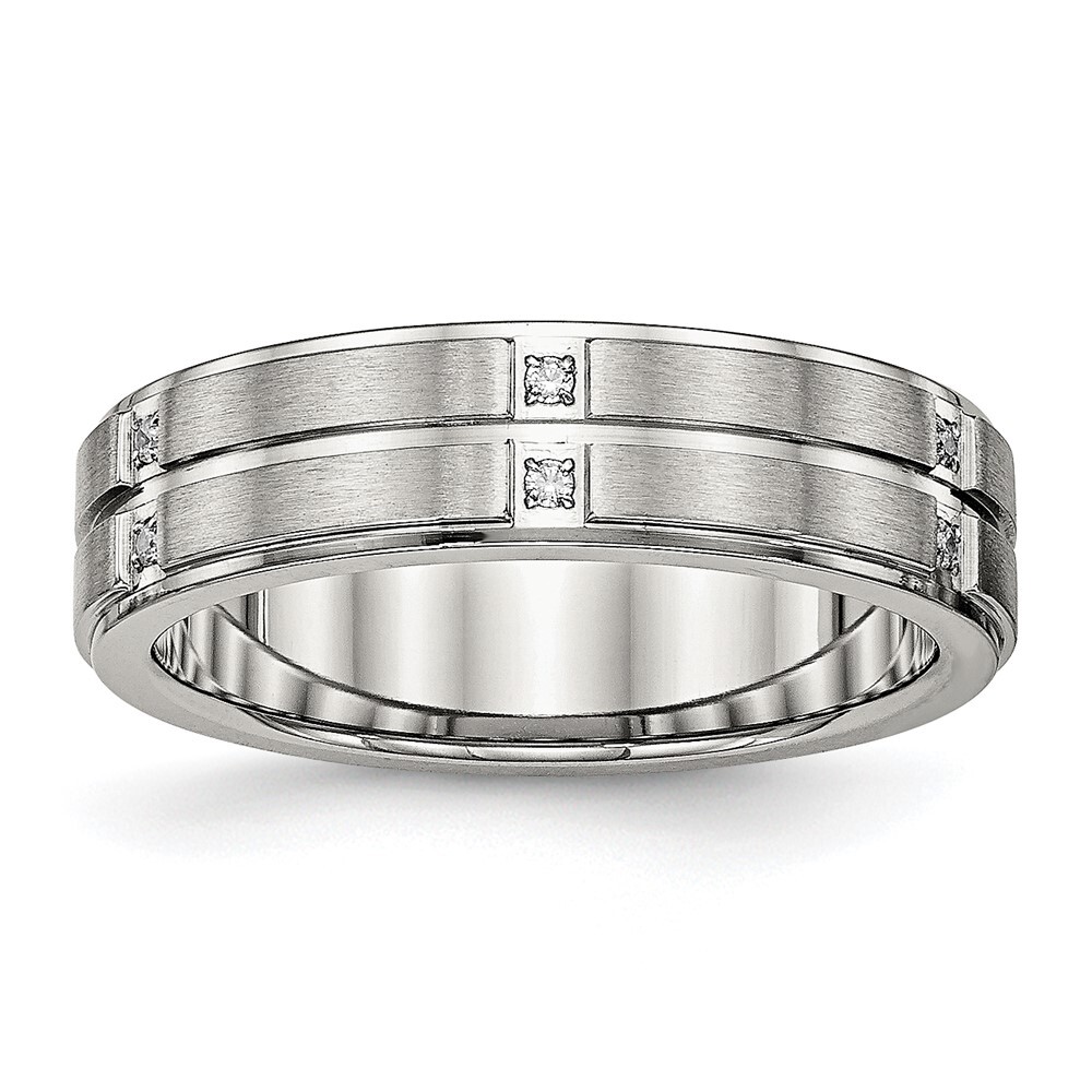 Stainless Steel Polished/Brushed Center CZ Grooved 6mm Ridged Edge Band S:7