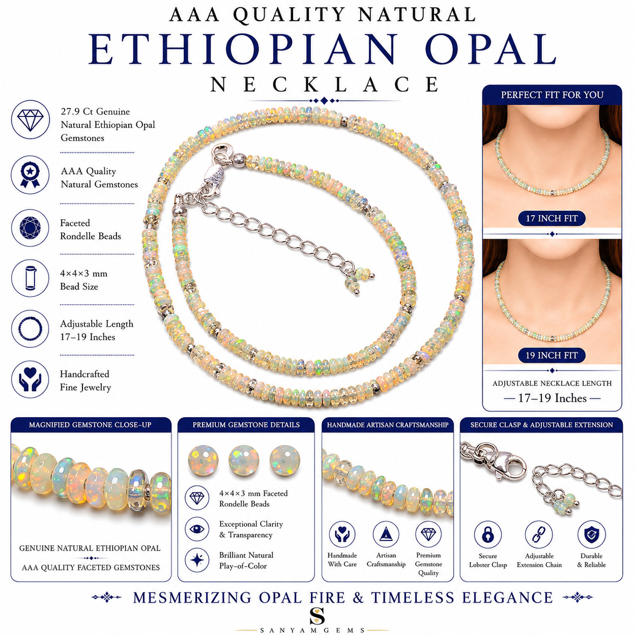 Natural Ethiopian Opal Faceted Rondelle Beads Necklace 17-19″ Adjustable P-785