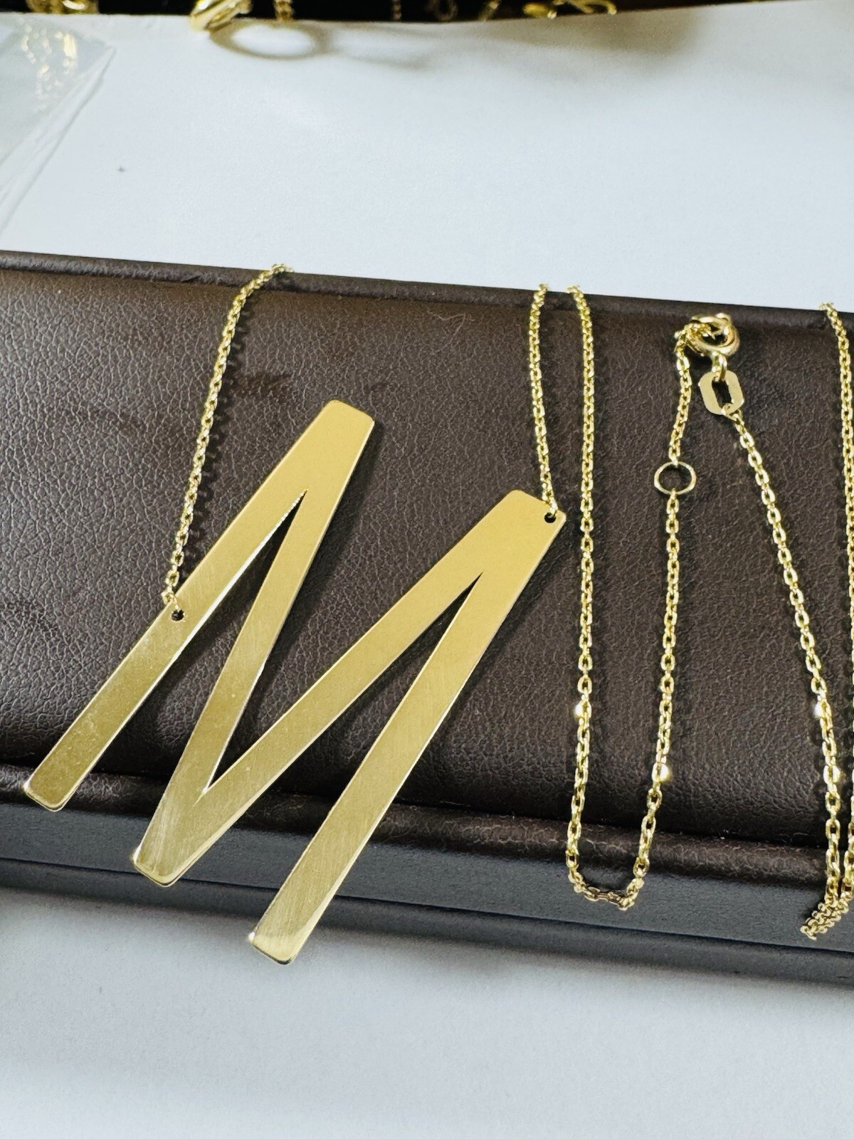 18K 750 Dubai Fine Gold Letter M initial Necklace 16.5/17.5” Long 1mm 5.2g