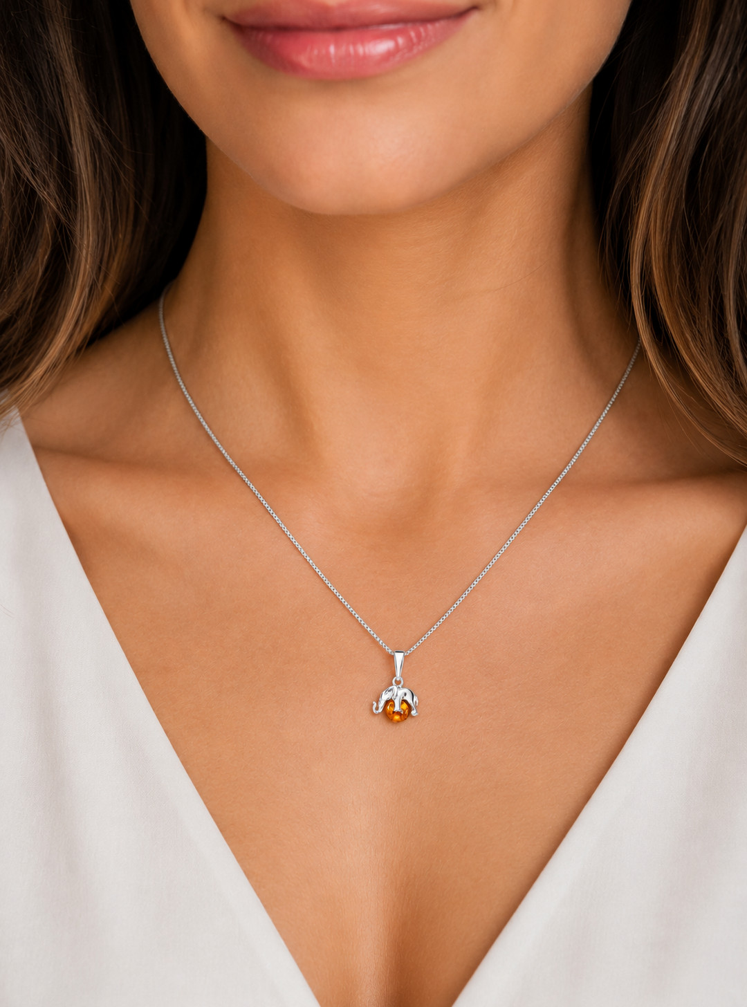 Genuine Baltic Amber Elephant Pendant Necklace Sterling Silver 18″ Box Chain