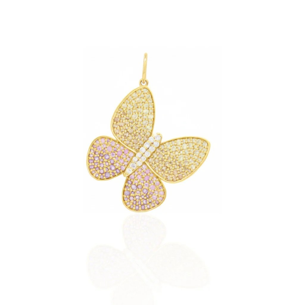 Butterfly Round Diamonds & Sapphire Fine 14k Yellow Gold Pendant With Amethyst