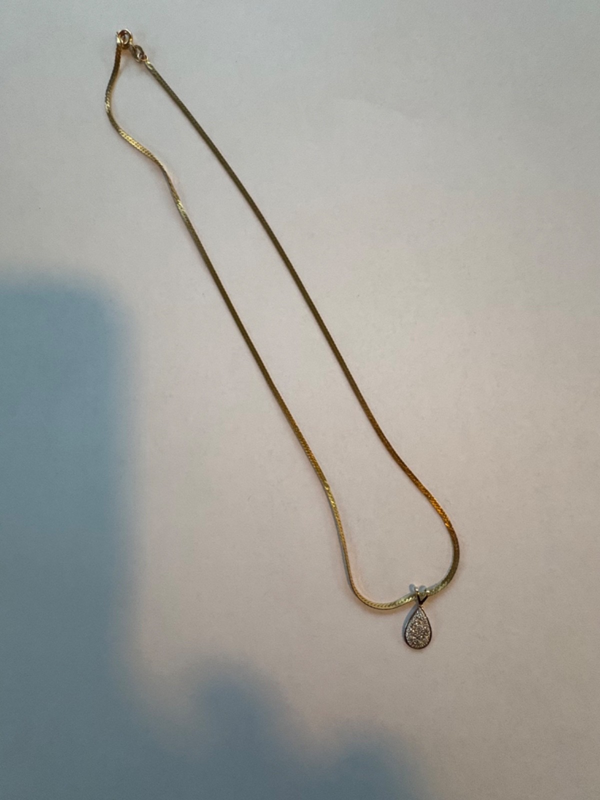 14K GOLD CHAIN NECKLACE, FLAT HERRINGBONE, 16″, PENDANT with SMALL DIAMONDS