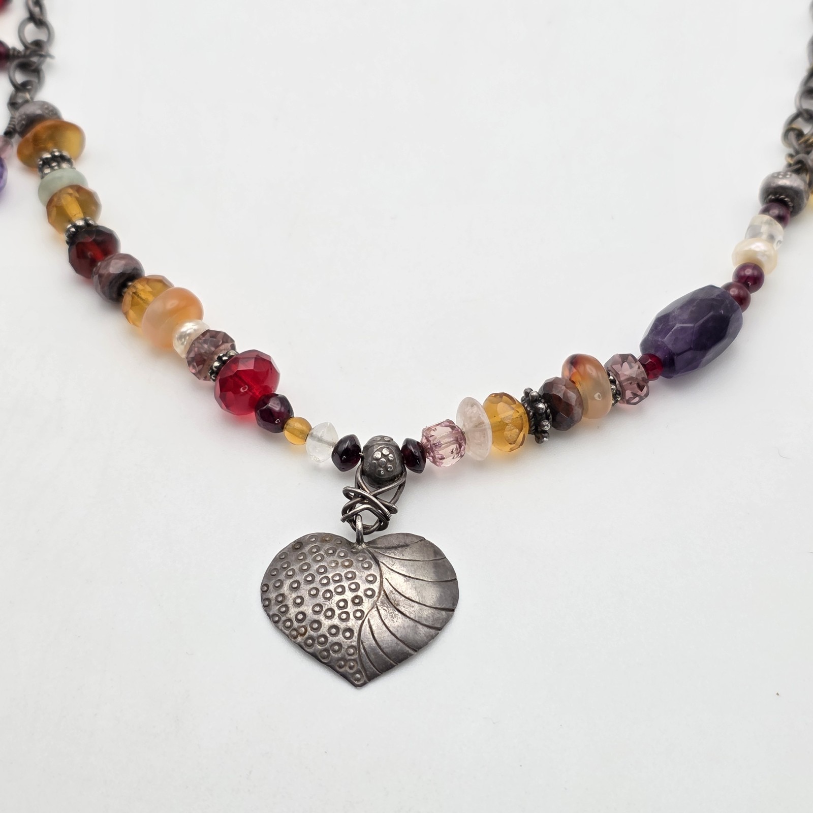 Multi-Color Gemstone Necklace Garnet Amethyst Citrine Pearl 925 Sterling Silver