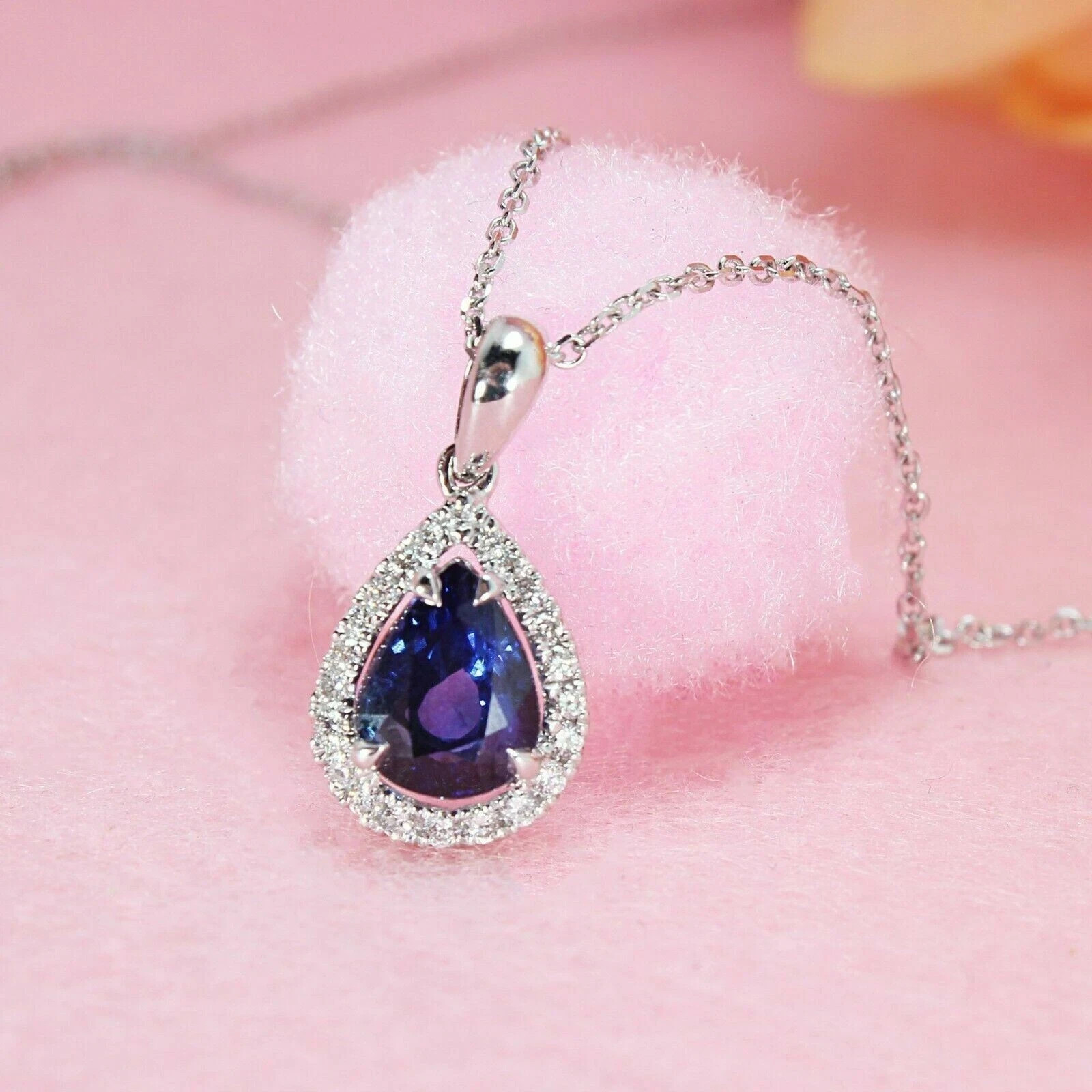 1.50Ct Pear Cut Blue Sapphire Halo Pendant 14K White Gold Finish
