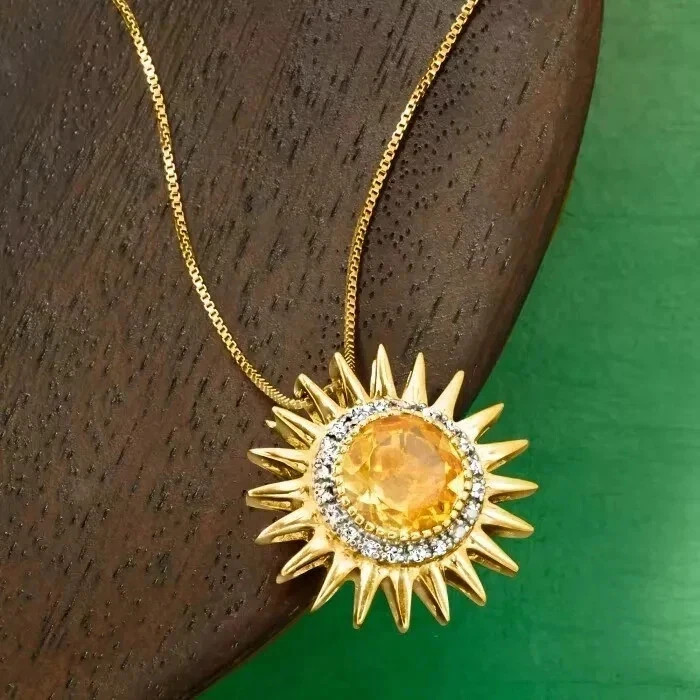 3CT Round Cut Lab Created Women’s Citrine ”Sun” Pendant 14K Yellow Gold Plated