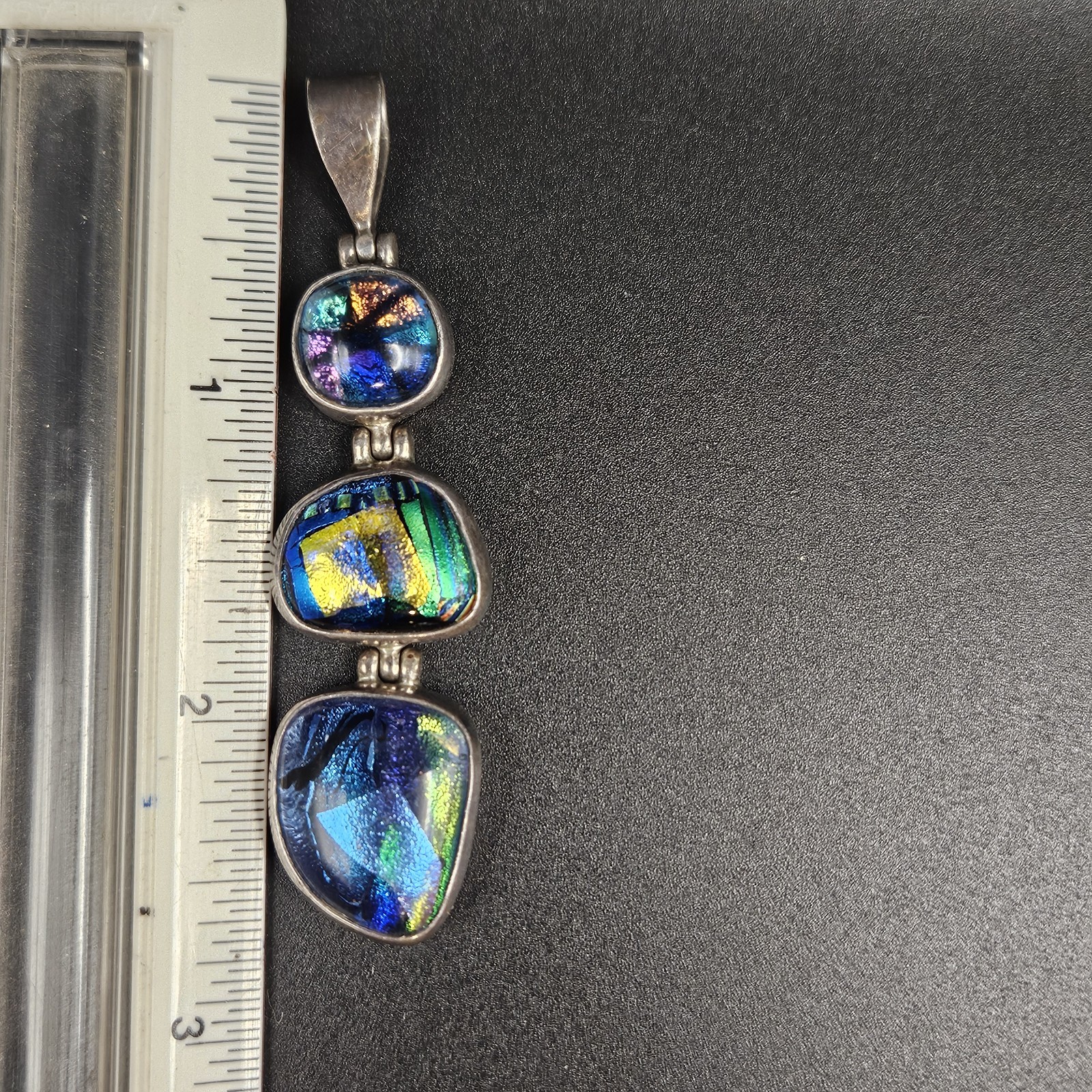 925 Sterling Silver Dichroic Art Glass Triple Drop Pendant Green Blue