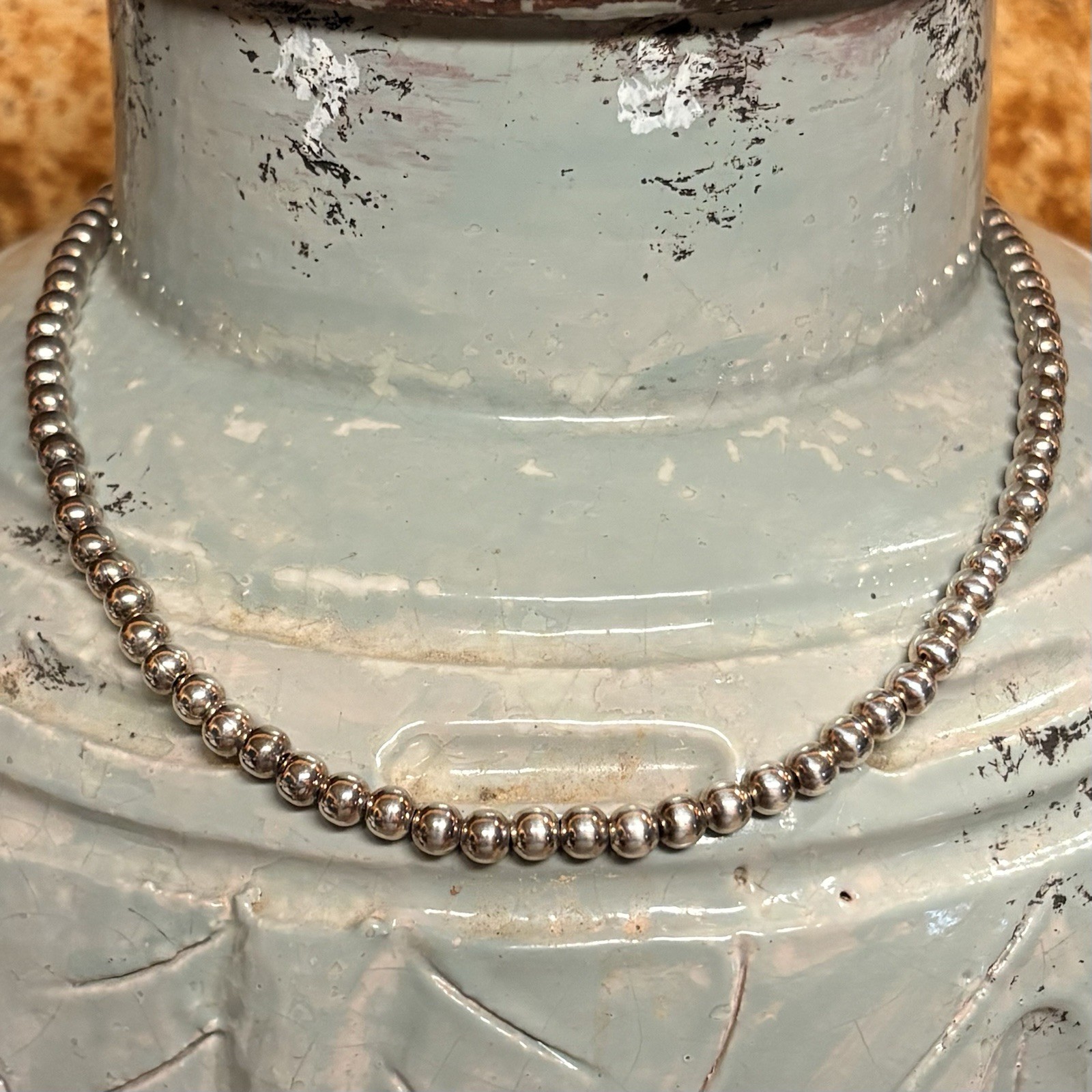 Sterling Silver Bead Necklace on Sterling Chain 3mm Beads 16.25 Inch 24.45 Grams