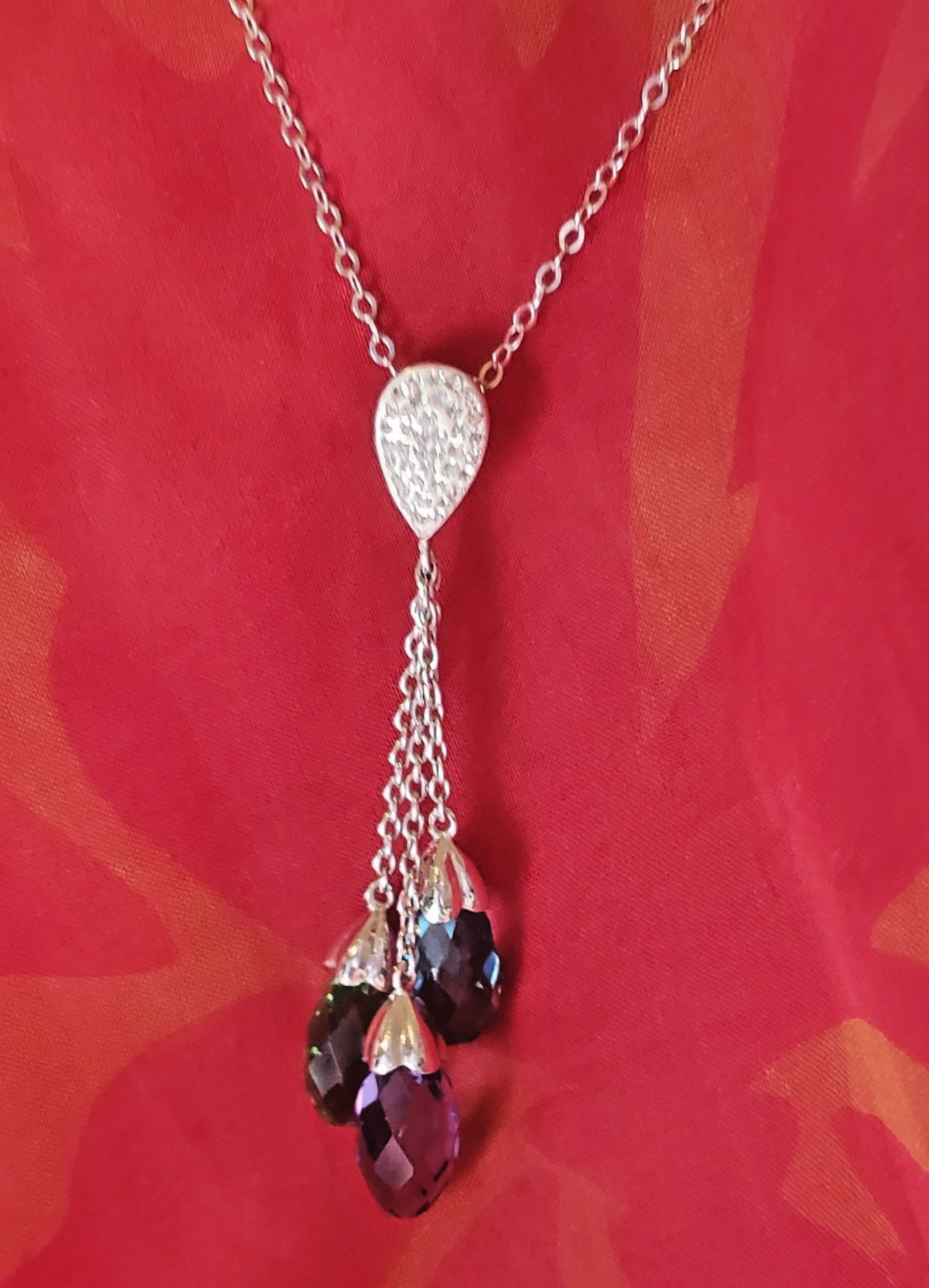 Crystal Briolette Tri-Gemstone Drop Necklace Silver Rhodium Multi-Color