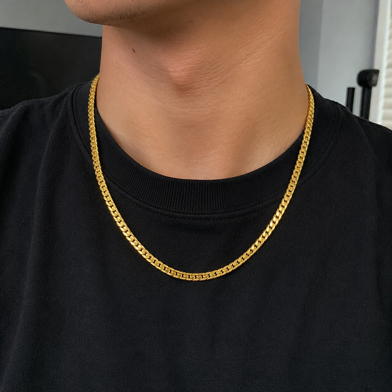 18K Solid Gold 5mm 18” Curb Link Chain Necklace Diamond-Cut Cuban Link Chain