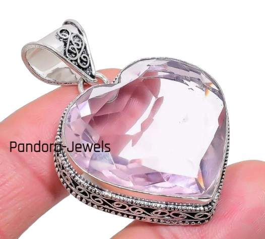 Heart Pink Kunzite Gemstone Handmade 925 Sterling Silver Jewelry Pendant J28