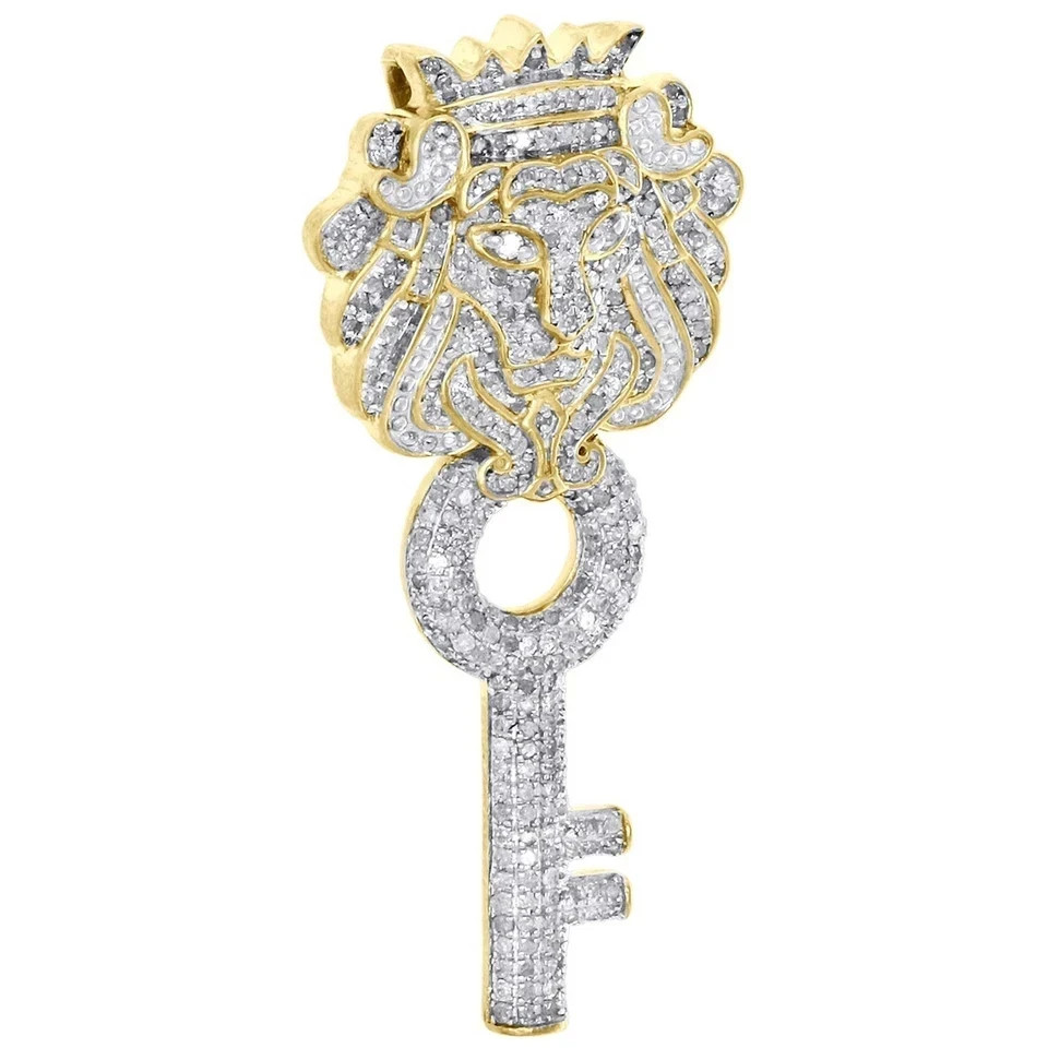 10K Yellow Gold Plated Lab Created Round Cut Diamond Lion Head & Key Pendant