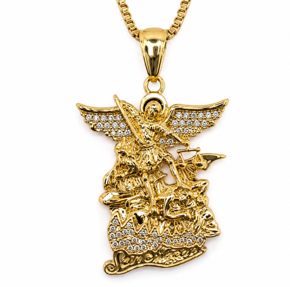 Italian 1/200 14k Yellow Gold Oro St Michael Iced CZ Pendant Necklace Cadena