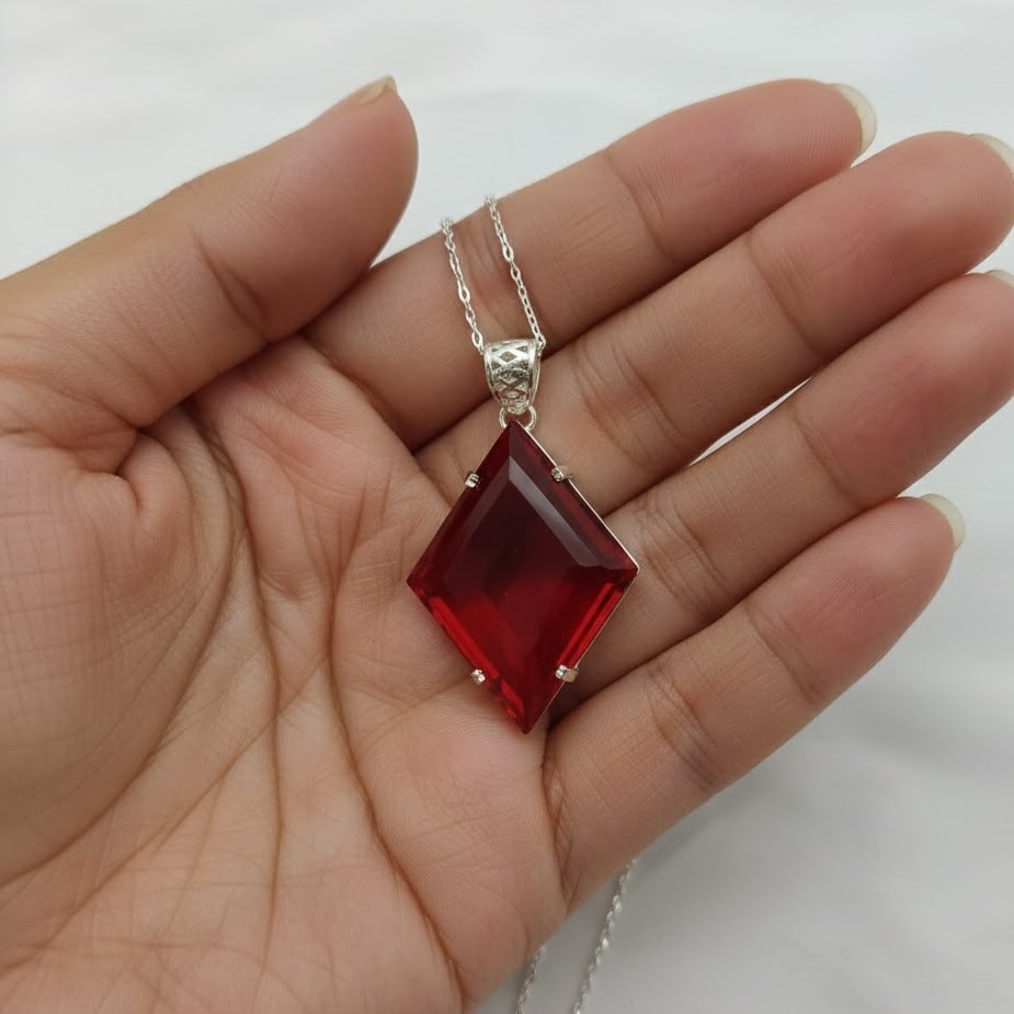 Elegant Kite Cut Red Ruby Pendant 80-90Ct – Sterling Silver Gemstone Necklace