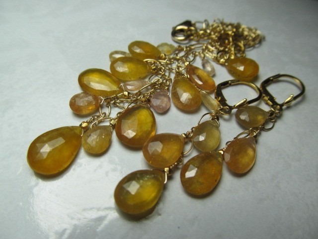 Sri Lanka Golden SAPPHIRE faceted briolette beads 14k Gold Filled Necklace set