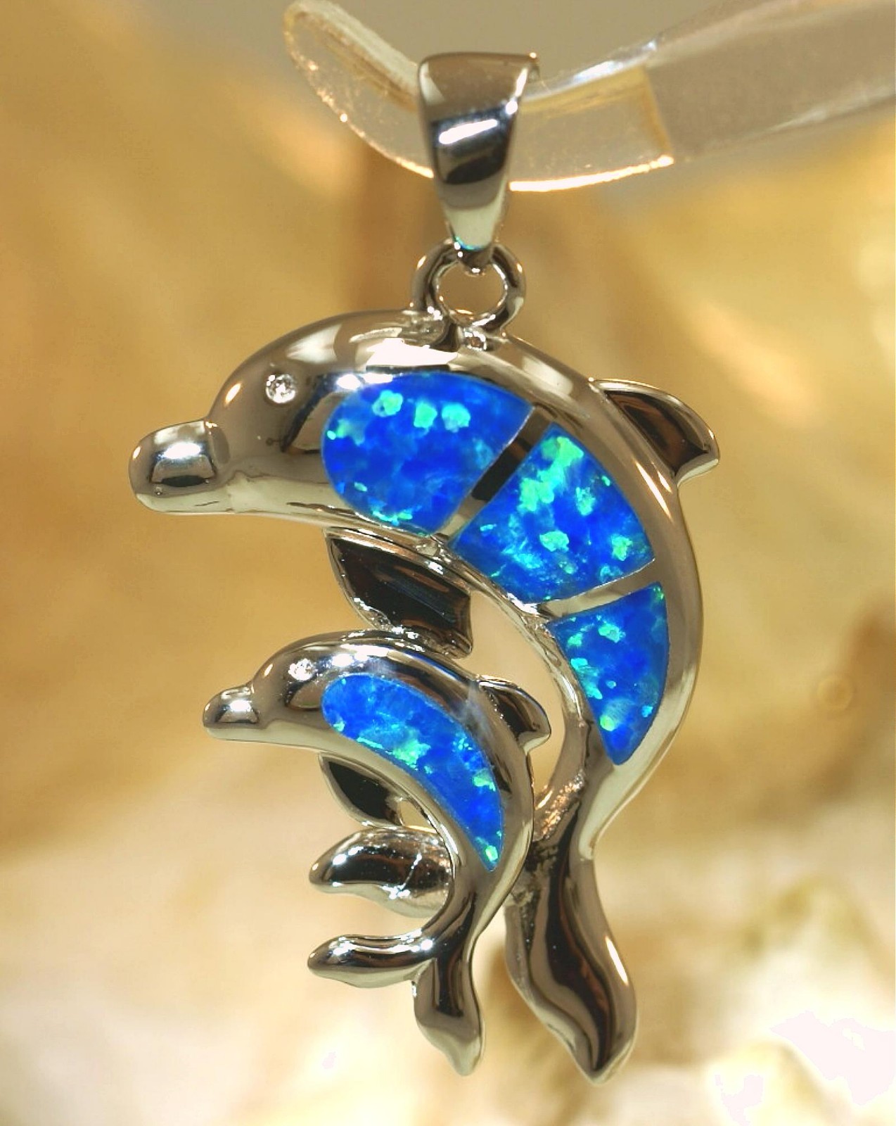 19MM RHODIUM 925 SILVER INLAID OPAL HAWAIIAN ADULT & BABY PAIR DOLPHINS PENDANT