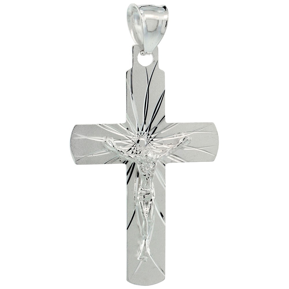 925 Sterling Silver Rounded Edge Crucifix Cross Pendant 1 1/2 Inch (38mm) Tall
