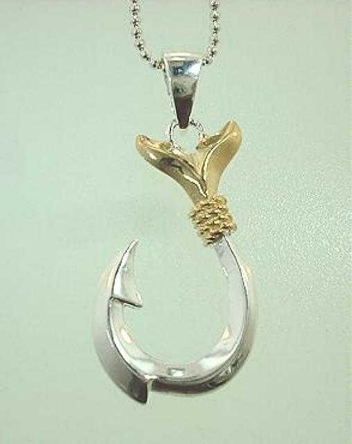 14MM 2-TONE 925 SILVER YELLOW GOLD PLATED HAWAIIAN REVERSIBLE FISH HOOK PENDANT