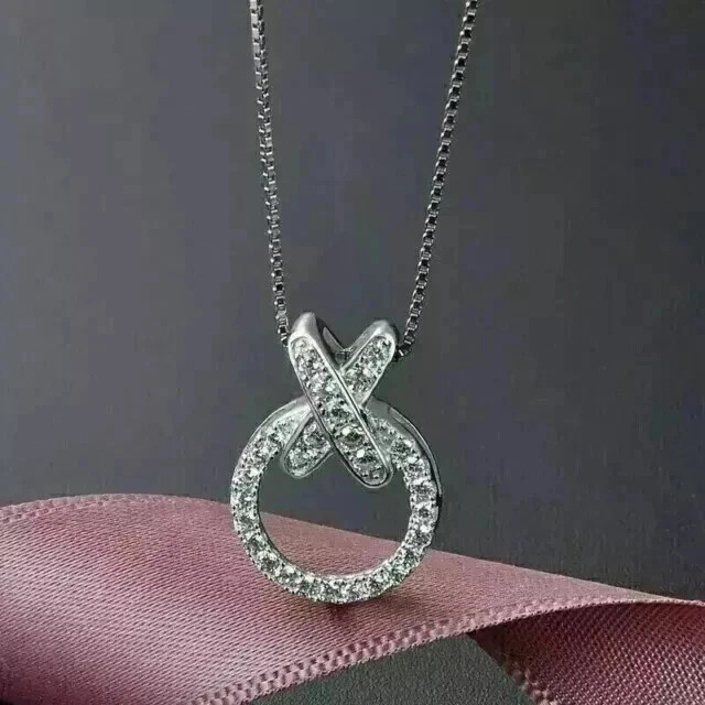 2Ct Round-Cut Real Moissanite 14K White Gold Plated Women’s XO Beauty Pendant