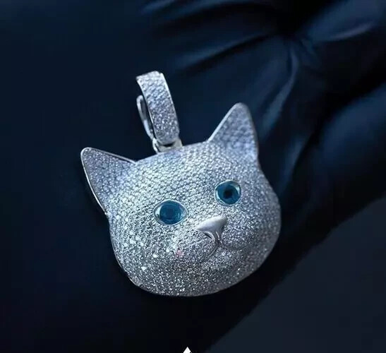 2Ct Real Moissanite Cluster Cat Face Pendant Necklaces 14K White Gold Plated
