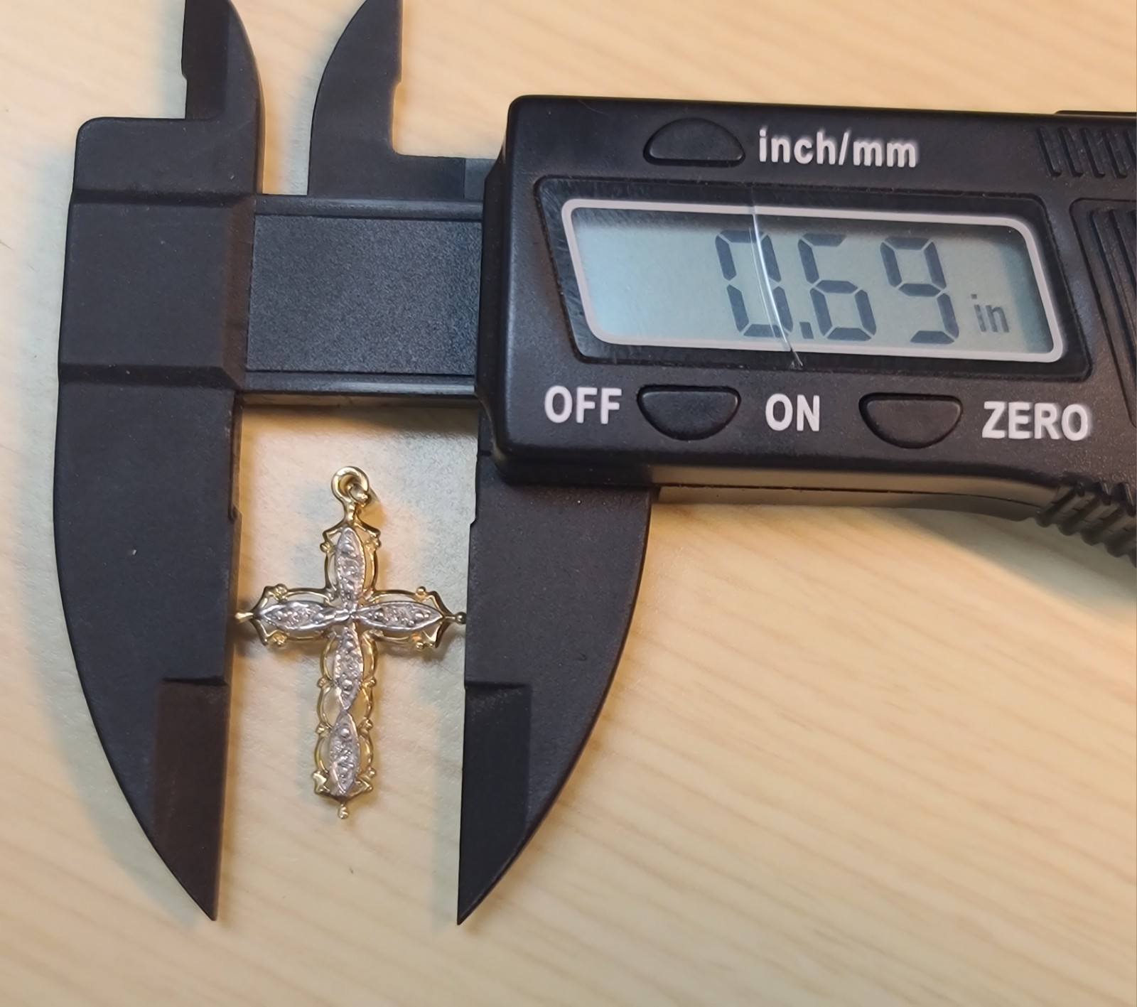 10k Solid Yellow & White Gold Diamond Cross Necklace Pendant 1.22″ Signed .99g