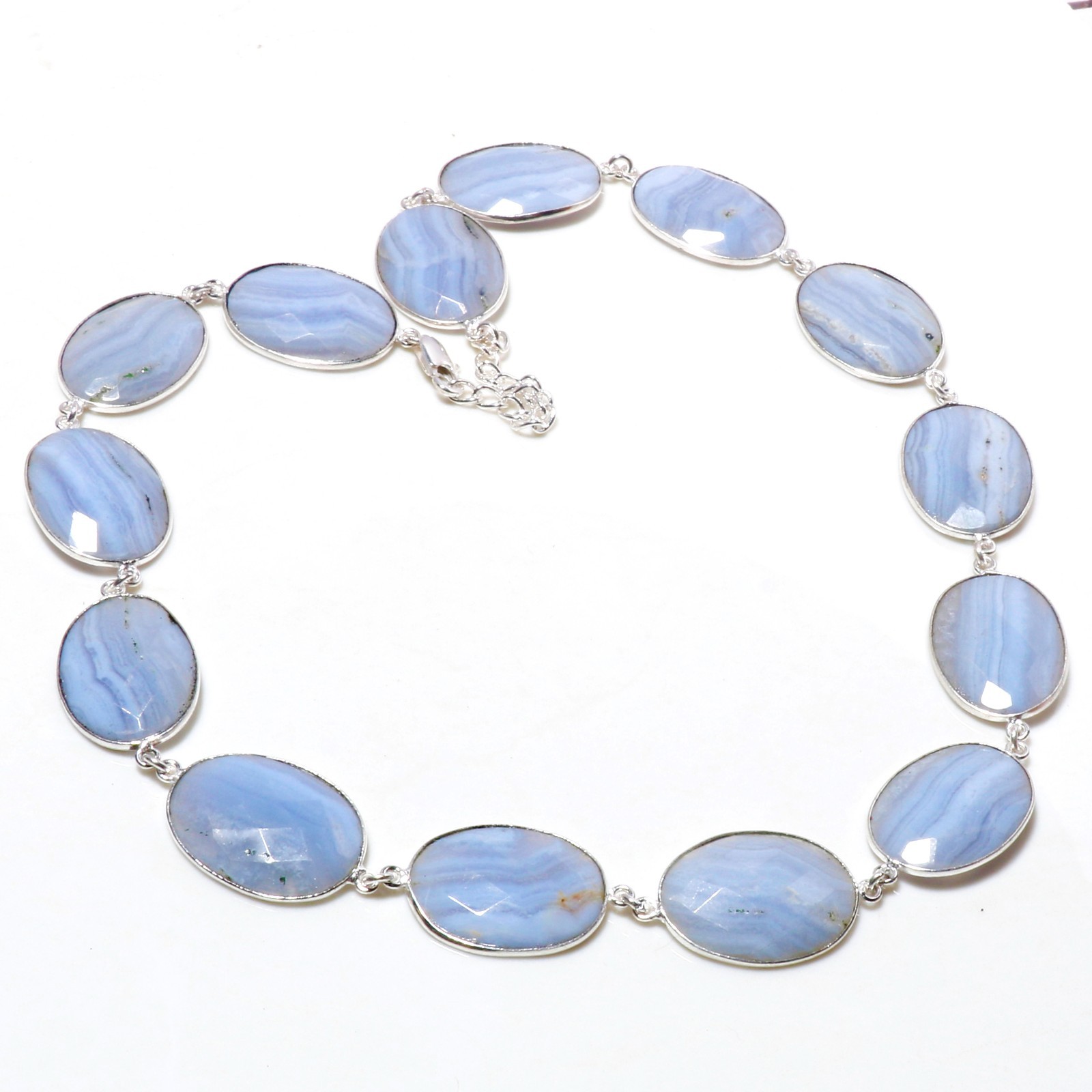 Natural Blue Lace Agate Necklace 925 Sterling Silver Oval Beads Adjustable Chain