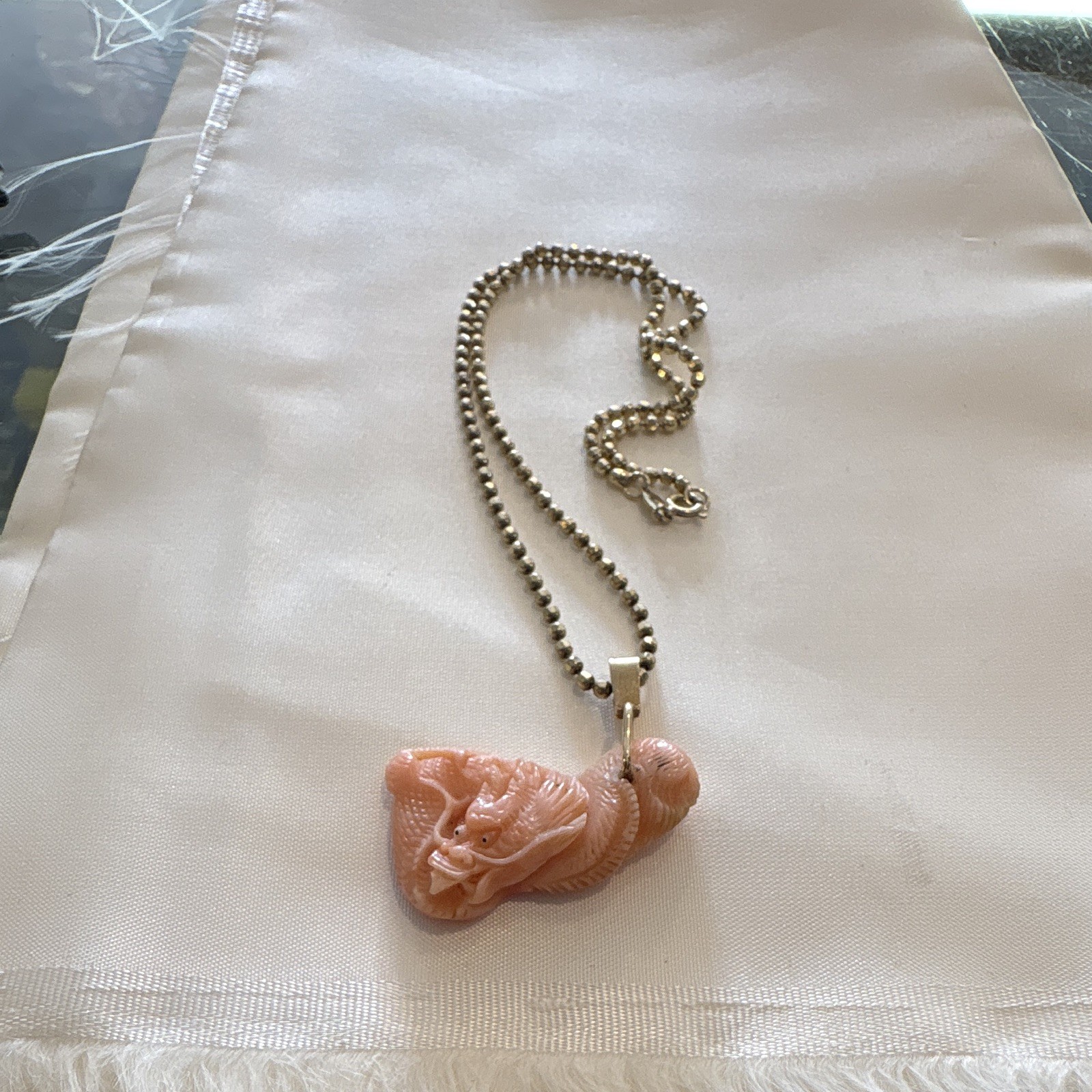 925 Sterling Silver Bead Chain Necklace Pink Coral Charm Pendant Signed