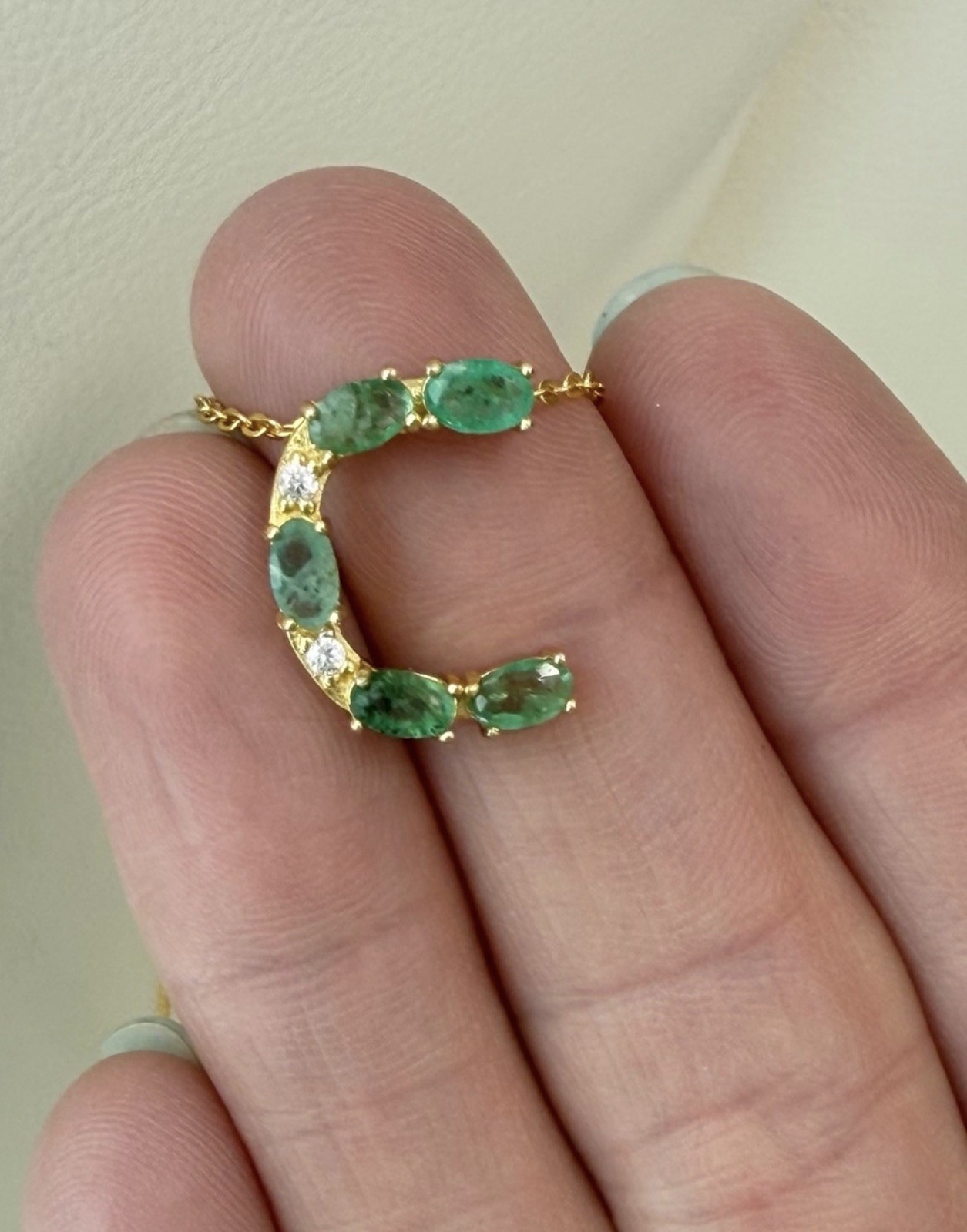 Stunning Natural Emerald 1.25CT Initial C Pendant 18K Yellow Gold Necklace 20 in