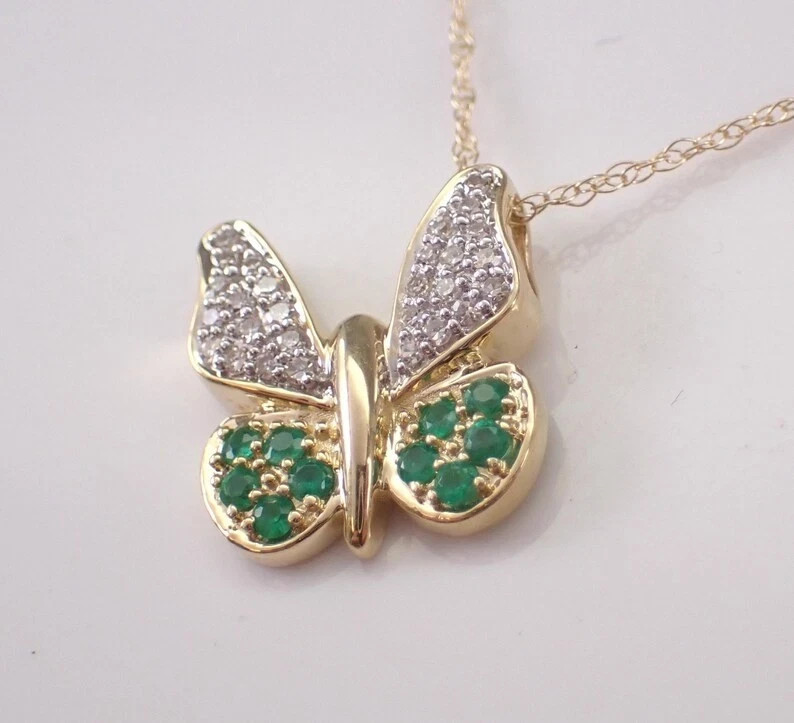 2Ct Round Cut Lab Created Emerald Butterfly Pendant 14K Yellow Gold Plated