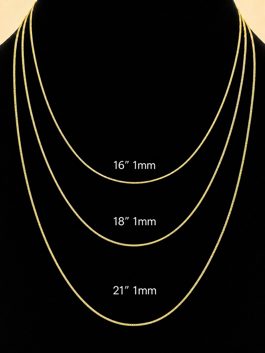 14K Yellow Gold Solid Box Chain Necklace Spring Ring Clasp 1 mm wide 16″,18″,21″