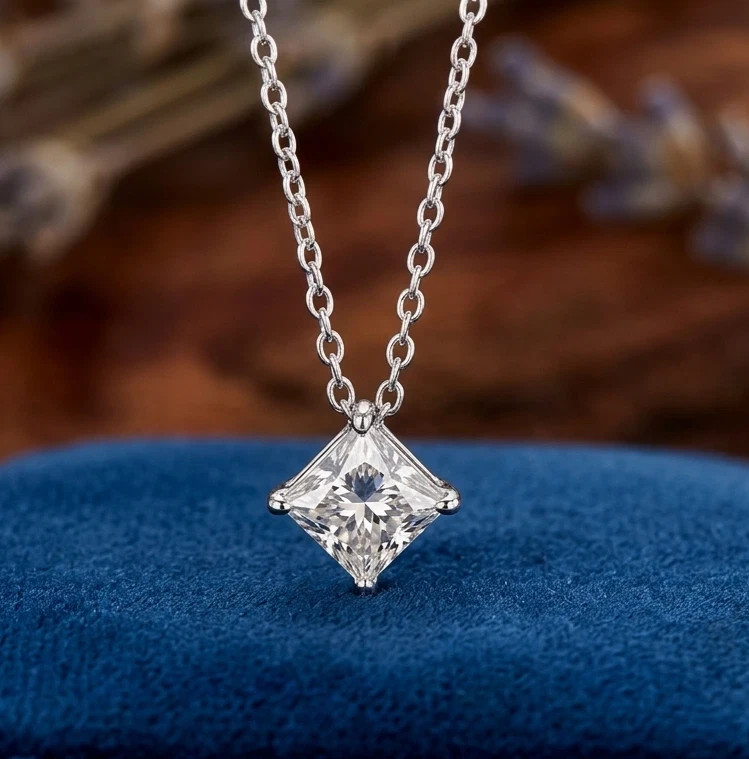 14K White Gold Plated 2.00Ct Princess Cut Moissanite Pendant Necklace 18″