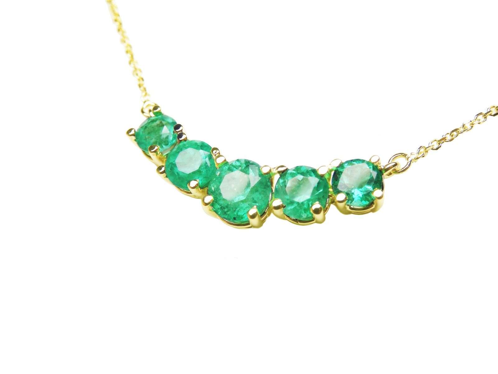 Five Stone Round Cut Colombian Emerald Necklace Solid 14K Yellow Gold