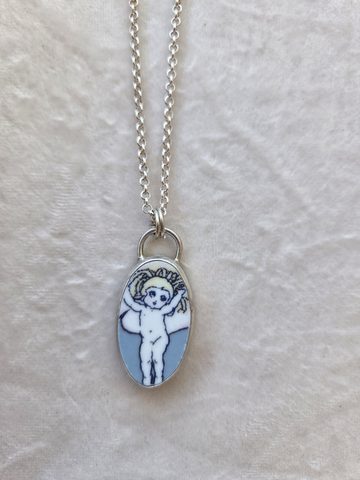 May Gibbs Pendant Necklace Sterling Silver, Broken China Plate Upcycle, gumnut
