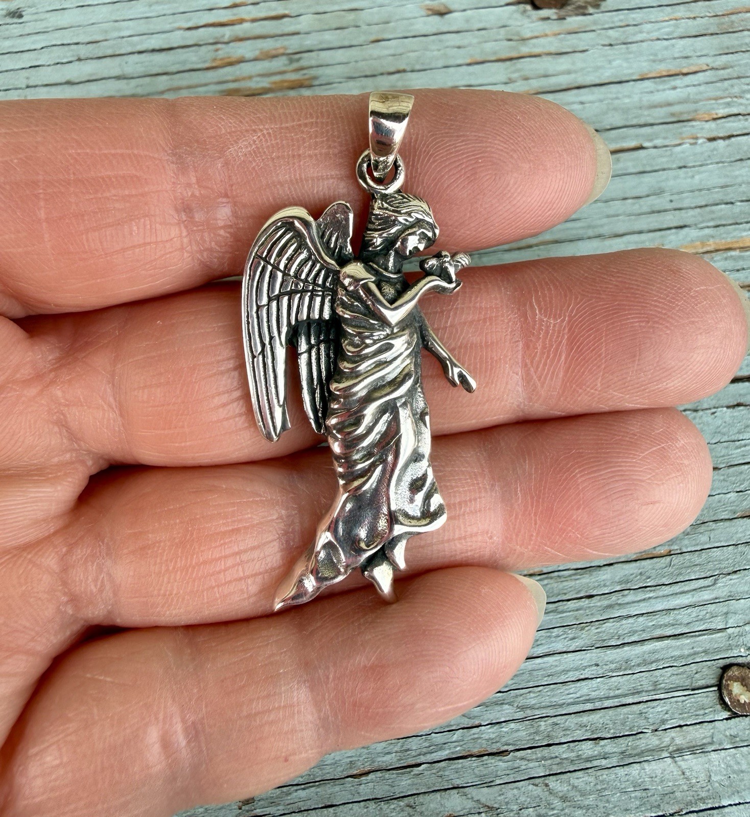 Heavy Sterling Silver 925 Guardian Angel Holding A Bird Pendant For Necklace 2”
