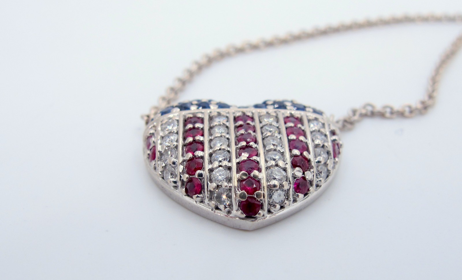Stunning 14K White Gold Rubies-Diamonds-Sapphires Necklace 17″ Long “TC4033317”